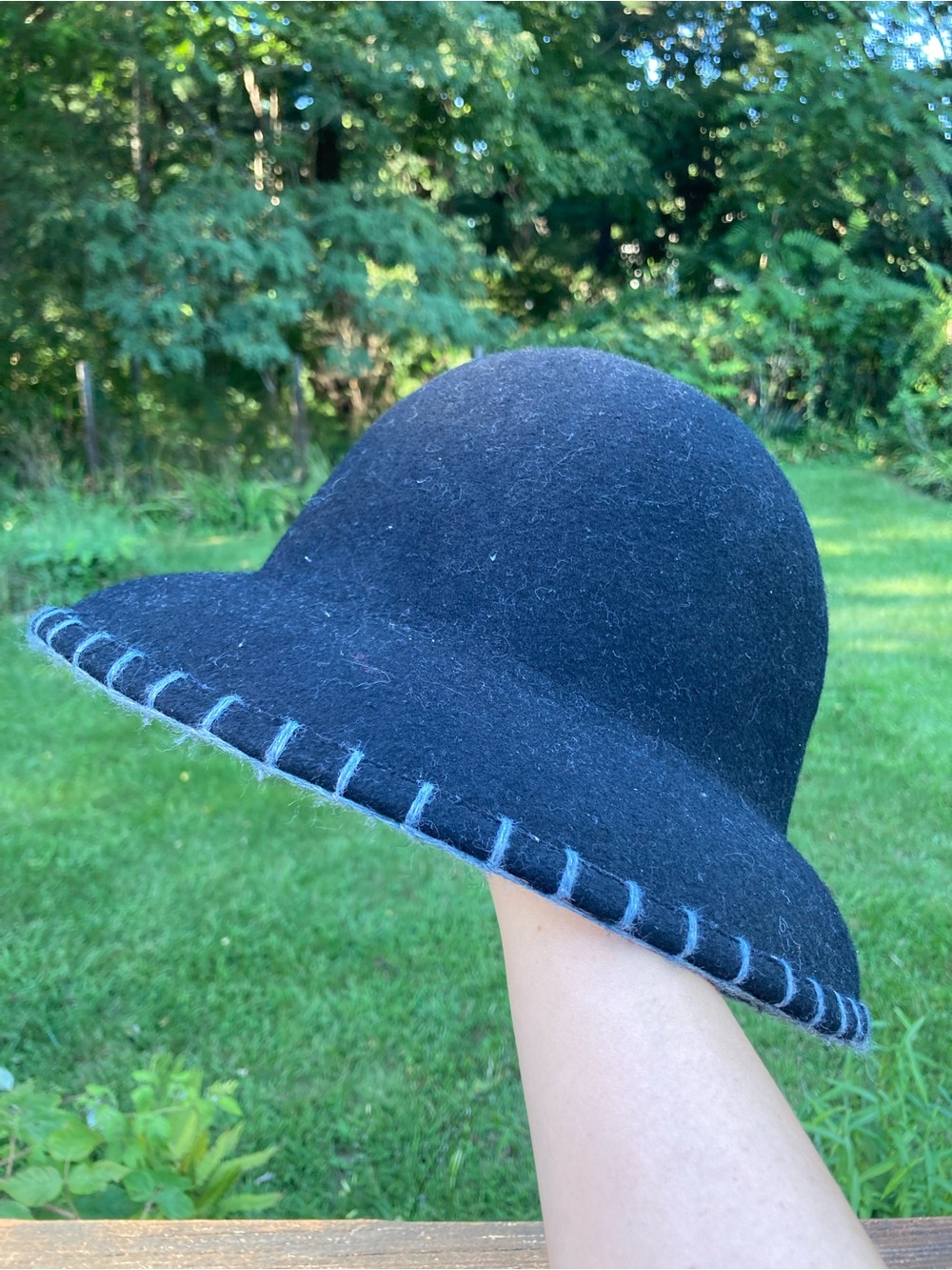 Vintage Black Wool Felt Cloche Hat Gray Blanket Stitch One Size Boho